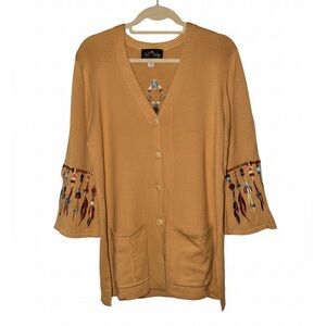 Bob Mackie Wearable Art Dream Catcher Embroidered Camel Cardigan-Medium